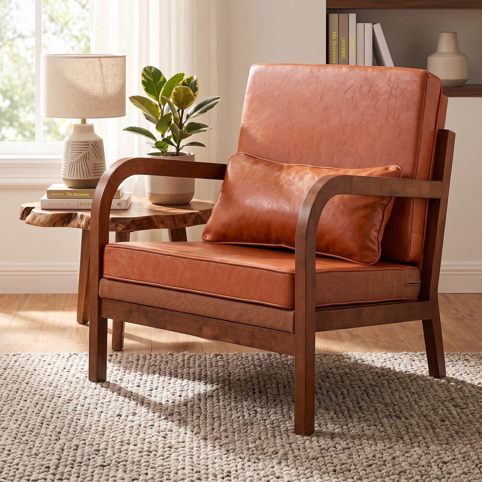 Furnibear Modern Accent Chair, Faux Leather Linen Fabric Upholstered Armchair with Removable Lumbar Pillow, Rubber Wood Frame Single Sofa Chair for Living Room, Brown