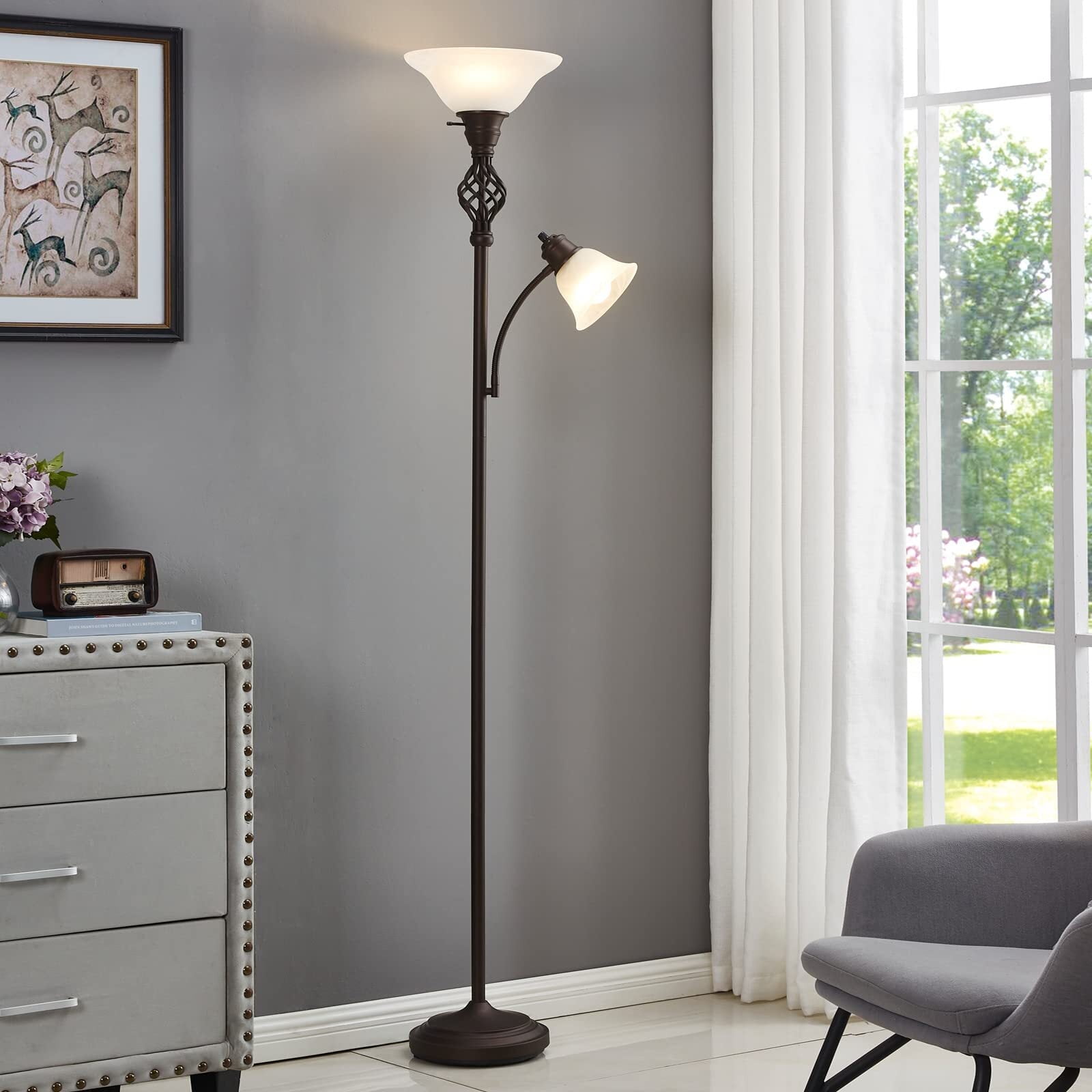 NATYSWAN Torchiere Floor Lamp for Living Room, LED Standing Reading Light for Bedroom with Glass Shade for Living Room Corner Bedroom Home Office, Bulbs Included