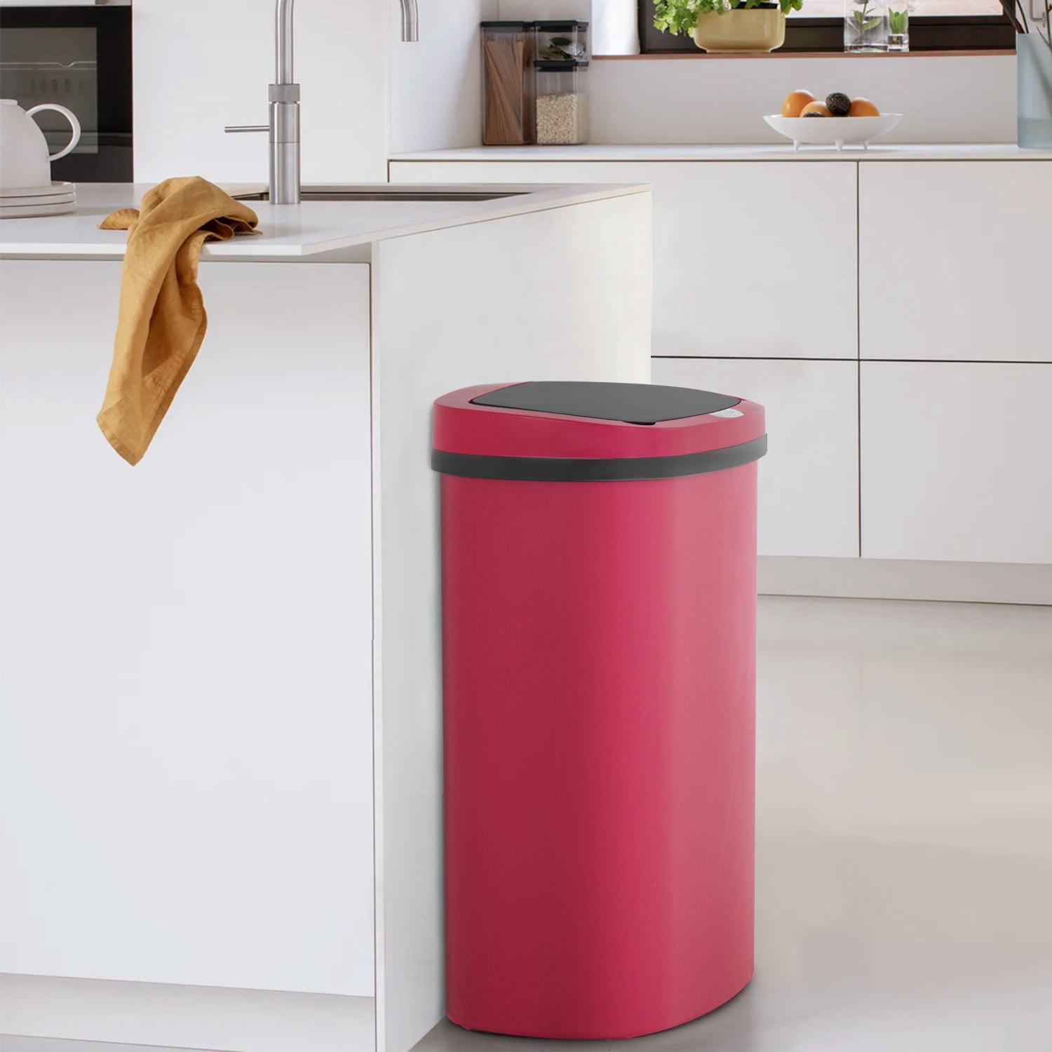 BIQWBIC 13 Gallon Tall Automatic Trash Can | Touch-Free Motion Sensor | High-Capacity Kitchen Trash Can | Waterproof Bathroom Trash Can | Living Room & Office Trash Can- 49L Waste Bin (1, Red)