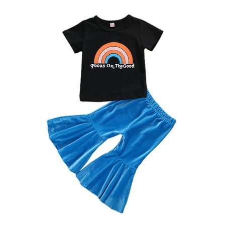 

Multitrust Girls Summer Short Sleeve Rainbow T-shirt Velvet Bell-bottomed Pants