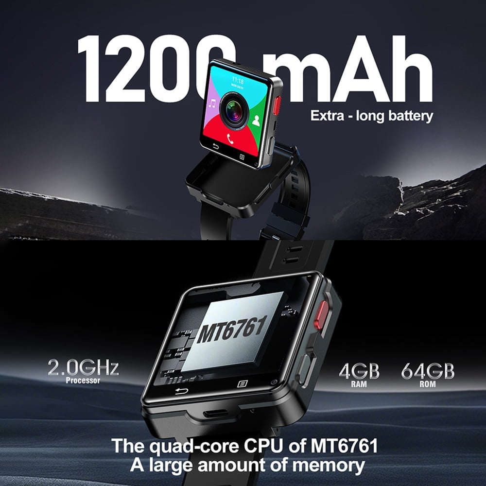 Rainbuvvy 4G Android Smart Watch 2.64 inch Single SIM card MTK6761 4GB 64GB GPS Bluetooth 5.0 Built-in Android 11.0 WIFi with dual camera 2MP/8MP Compass function 1200mAh type-c sports watch