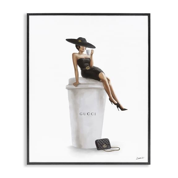 Stupell Industries Contemporary Fashion Female Pose on Coffee Black Framed Giclee Art, 11 x 14, by Ziwei Li