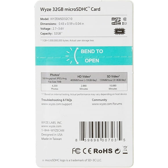 Wyze Labs Almacenamiento expandible 32GB MicroSDHC Card Class 10, Negro - WYZEMSD32C10