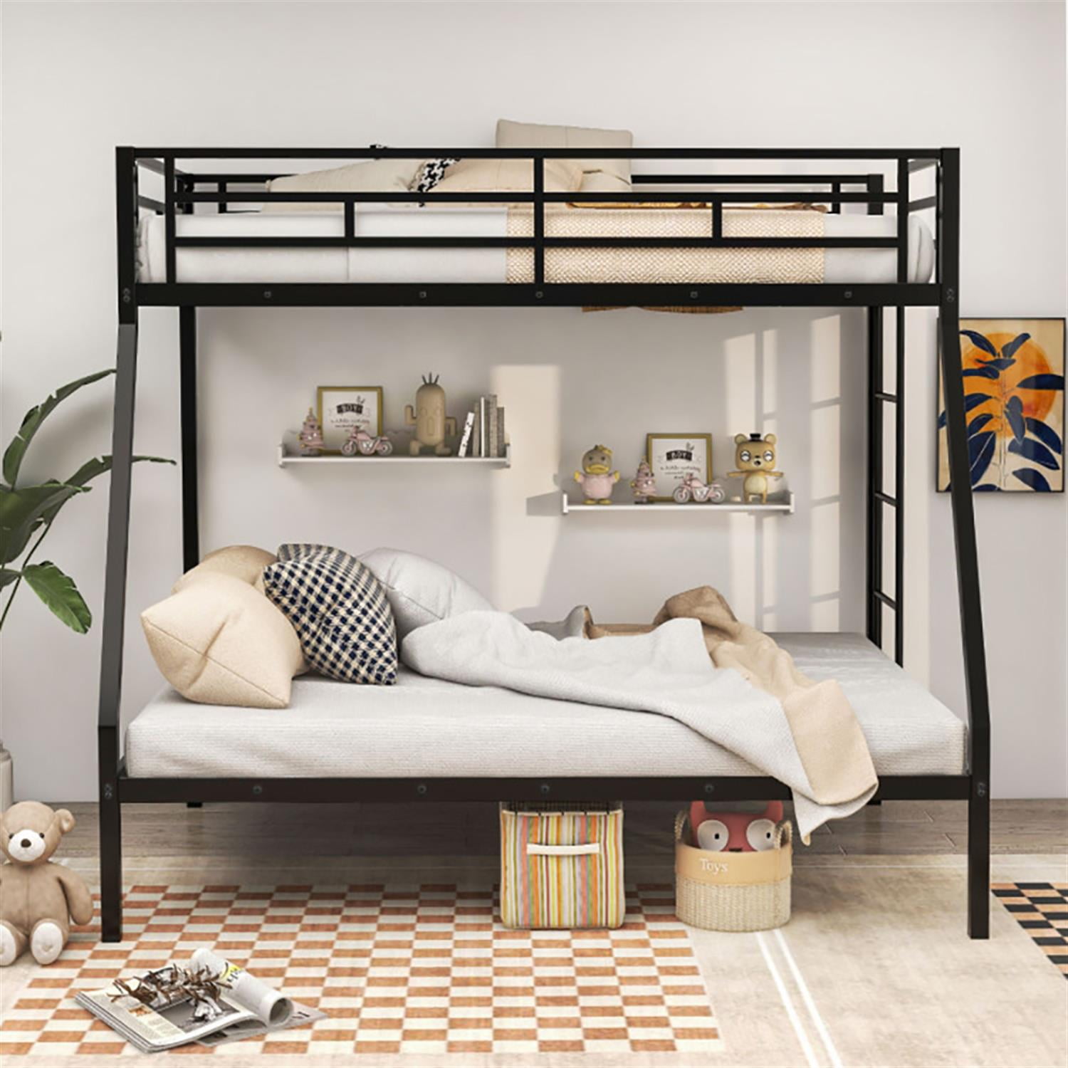 Demi Bonn Twin Over Full Bunk Bed with Safety Rail and Ladder, Twin Bunk Beds, Space-saving Metal Slatted Bed Frame, No Box Spring Needed, Black
