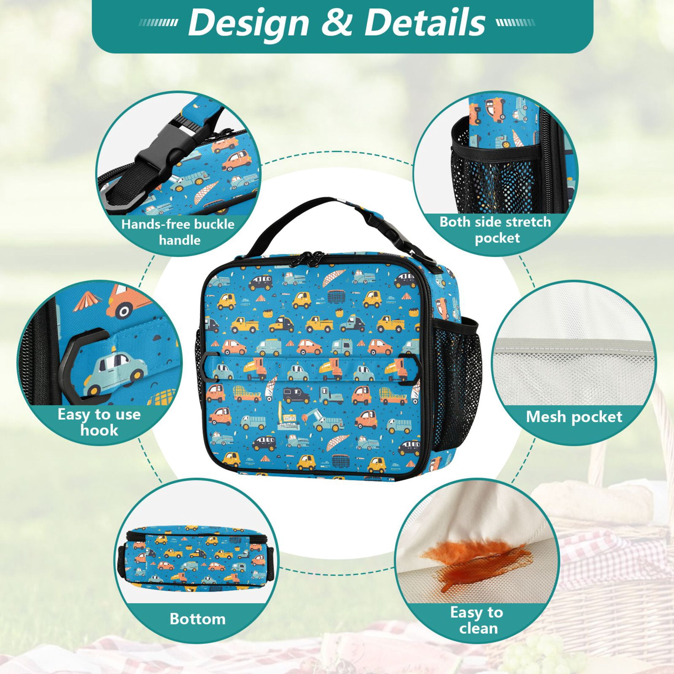 ALAZA Cartoon Trucks Cars on Blue Lunch Box Insulated Lunch Bag Cooler Tote with Shoulder Strap