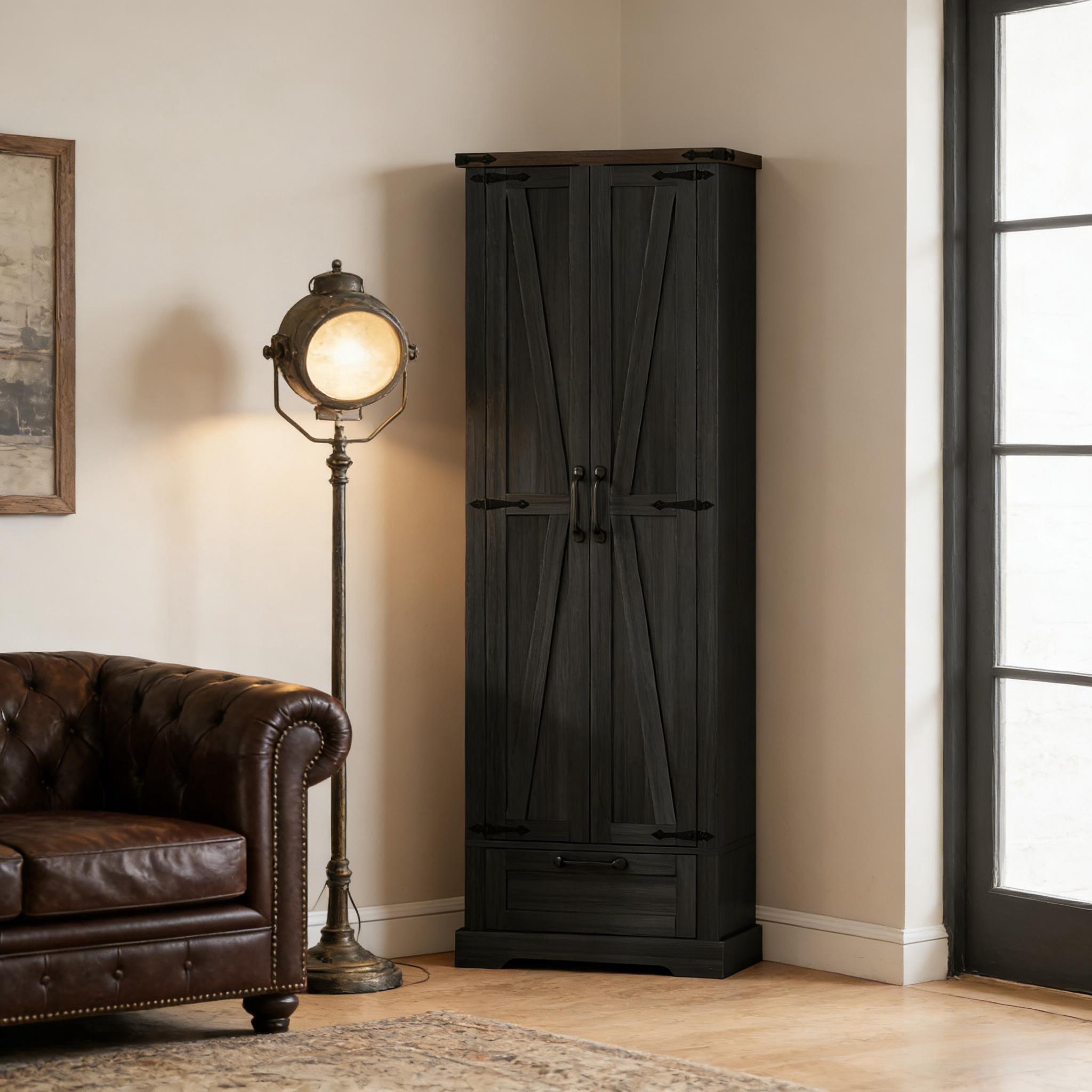 Farmhouse Pantry Cabinet, 70.9" Tall Kitchen Pantry Storage Cabinet with Barn Door,Drawer & Adjustable Shelves