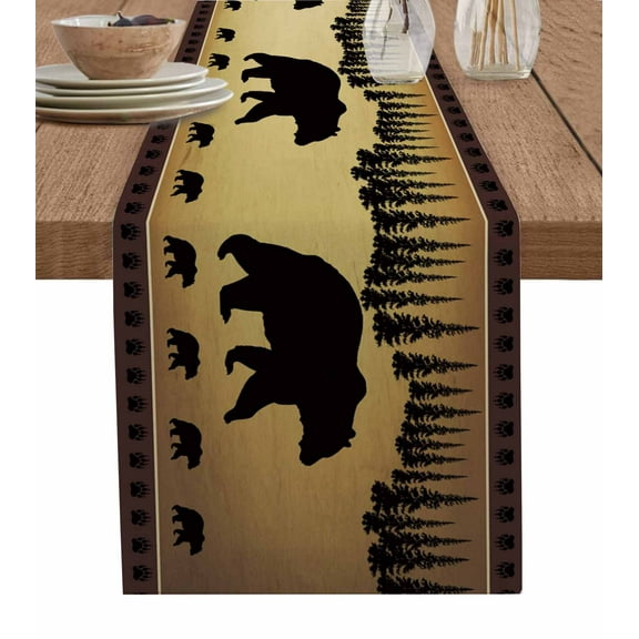 Table Runner 70 Inches Long for Kitchen Dining, Black Bear Dresser Scarf Farmhouse, Dining Table Decorations for Wedding/Parties, Vintage Animals Farmhouse Pine Brown Forest 13 x 70 In