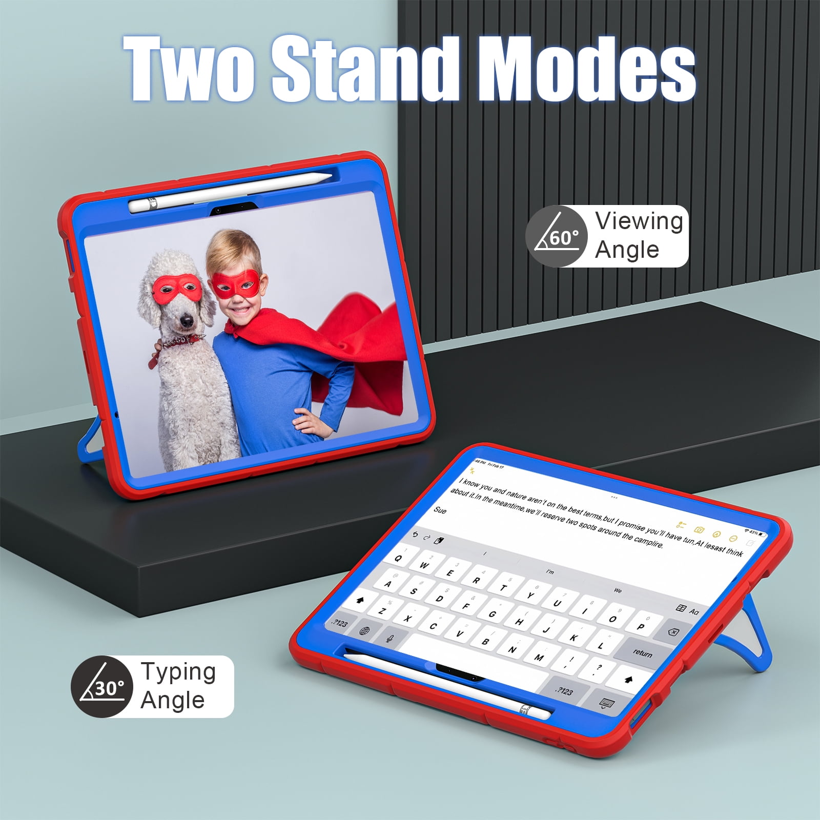 Allytechgroup iPad Pro 11 2024 Case, Cute Stylish Design Kids Friendly Rugged Kickstand Lightweight Silicone PC Case with Pencil Holder for Apple iPad Pro 11 Inch 2024, Red+Blue