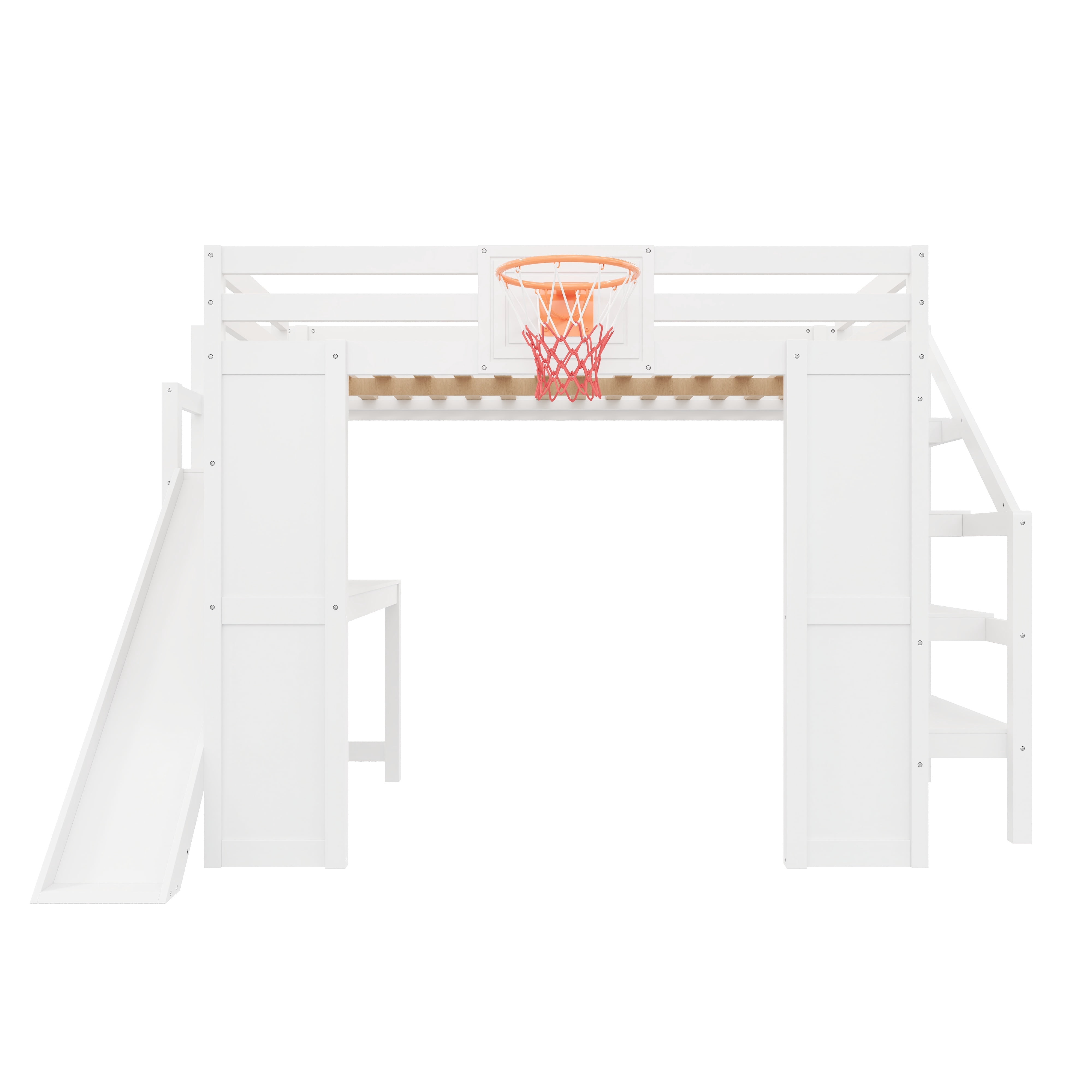 Euroco Wood Full Size Loft Bed with Desk and Shelves, Storage Bed with Basketball Hoop and Slide, White