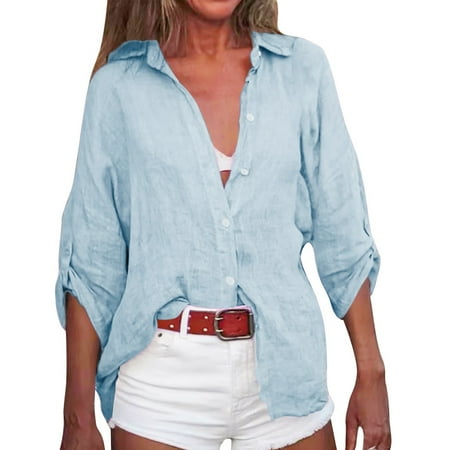 Quealent Womens Beach Cover Up Button Down Shirts Summer Cotton Gauze Tops Long Sleeve Bikini Swimsuit (Light Blue XL)