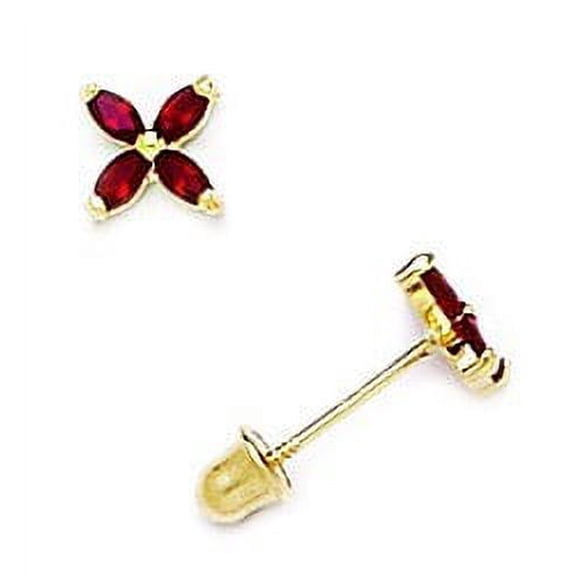 14k Yellow Gold January Red CZ 4 Petal Flower Screw-Back Earrings - Measures 5x5mm