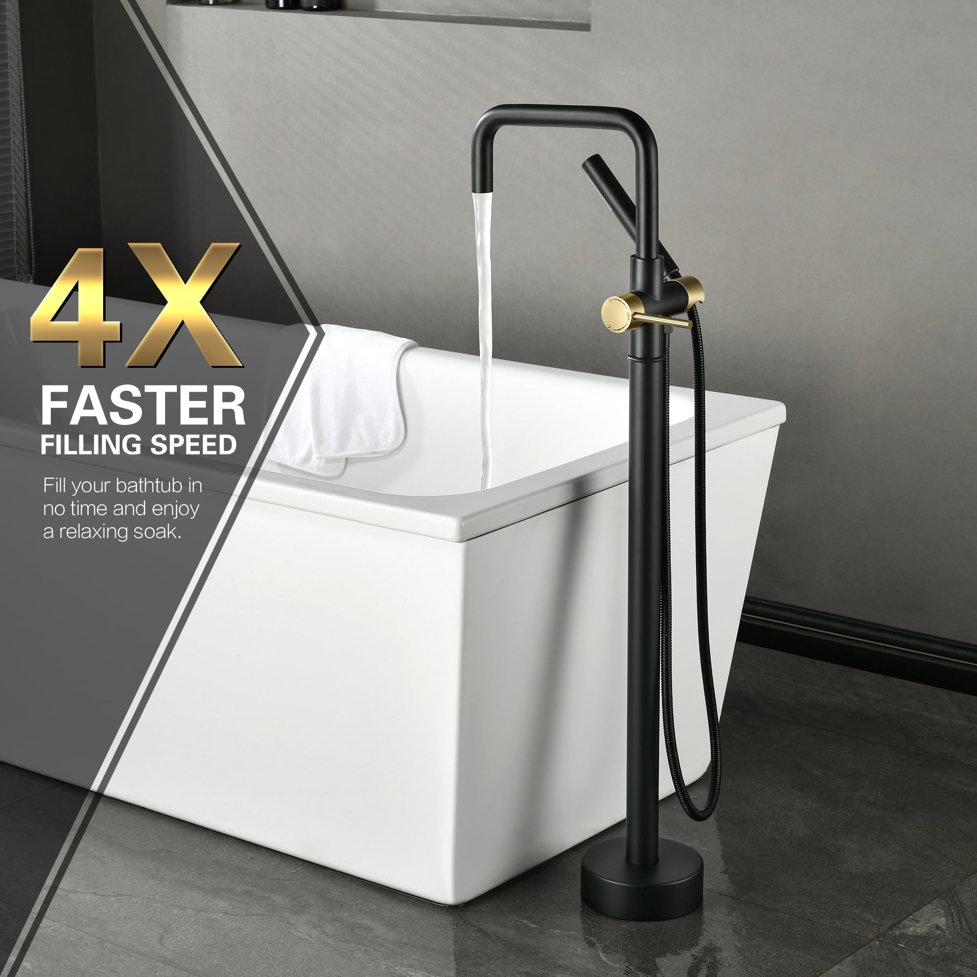 sumerain Floor Mount Tub Filler Faucet with Hand Shower, Brass Black and Gold High Flow Freestanding Bathtub Faucet Single Handle