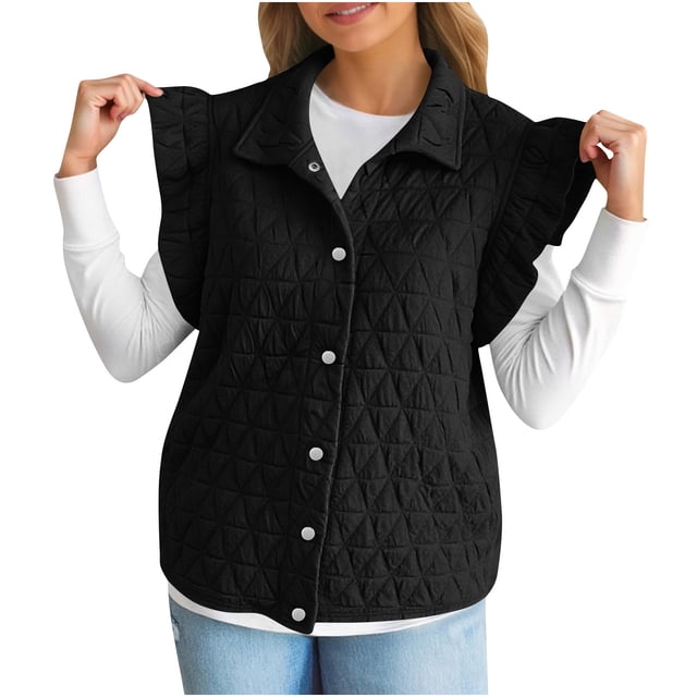 Diufon Womens Ruffle Vest Sleeveless Padded Button Down Lapel Jacket Lightweight Fall Winter Warm Outerwear