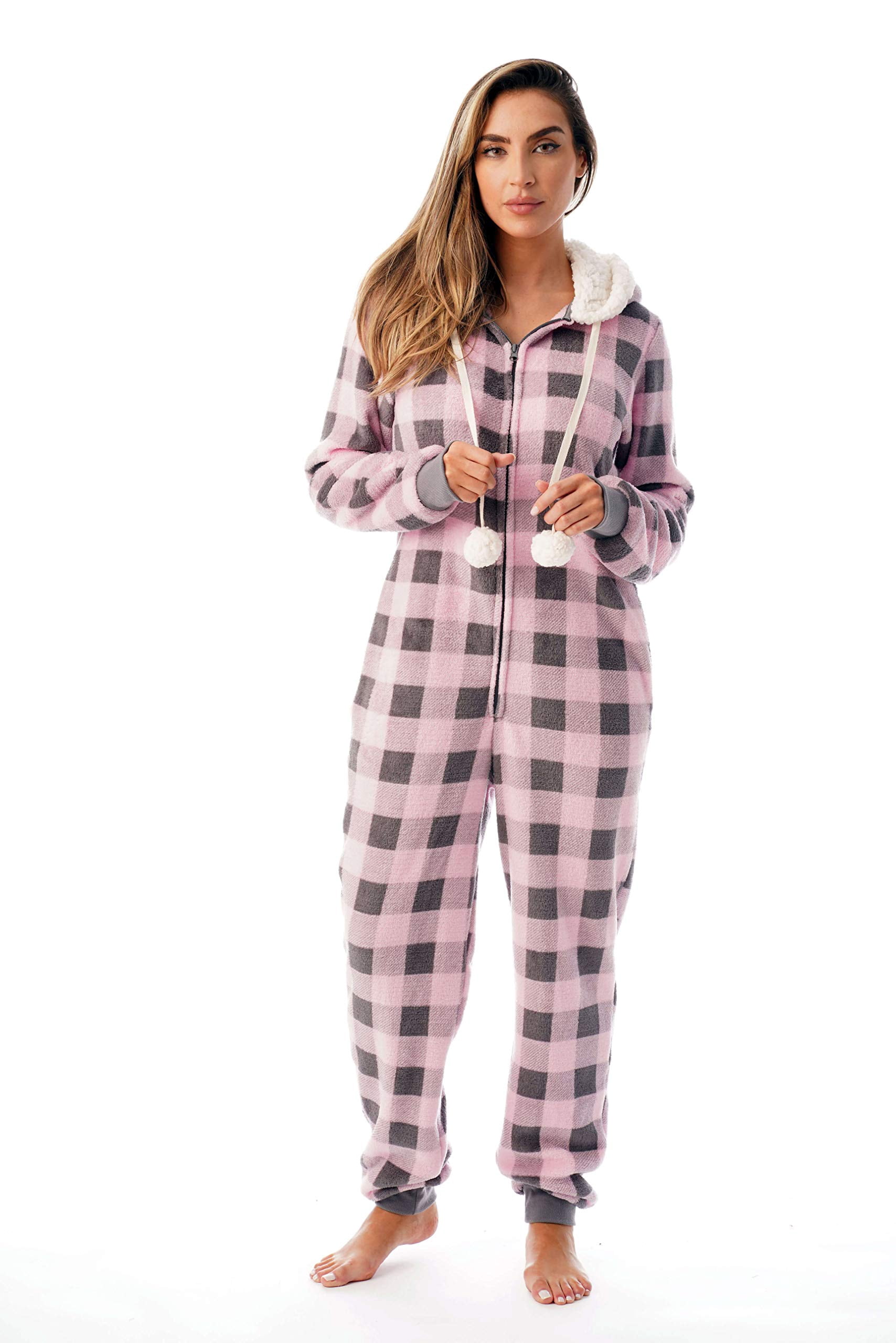 Just Love Buffalo Plaid Adult Onesie Sherpa Lined Hoody One Piece Pajamas (Pink Buffalo Plaid, X-Small)