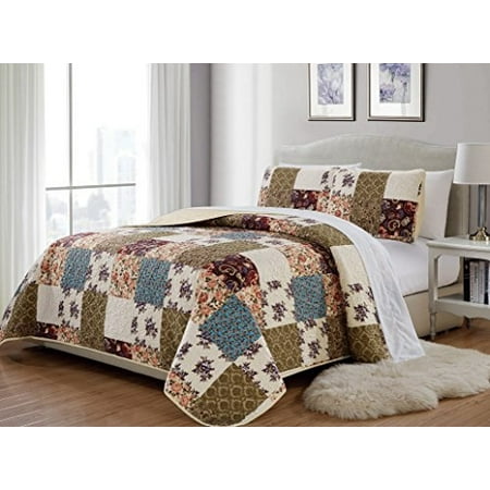 MK Home 3pc FullQueen Bedspread Quilted Print Floral Beige Burgundy Purple Blue Taupe Over Size MK Home 3pc FullQueen Bedspread Quilted Print Floral Beige Burgundy Purple Blue Taupe Over Size