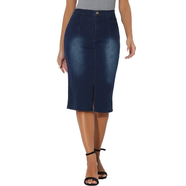 Falda midi bodycon de mujer INSPIRE CHIC, con cintura alta elástica, abertura frontal, falda lápiz de mezclilla, negra y azul, talla S