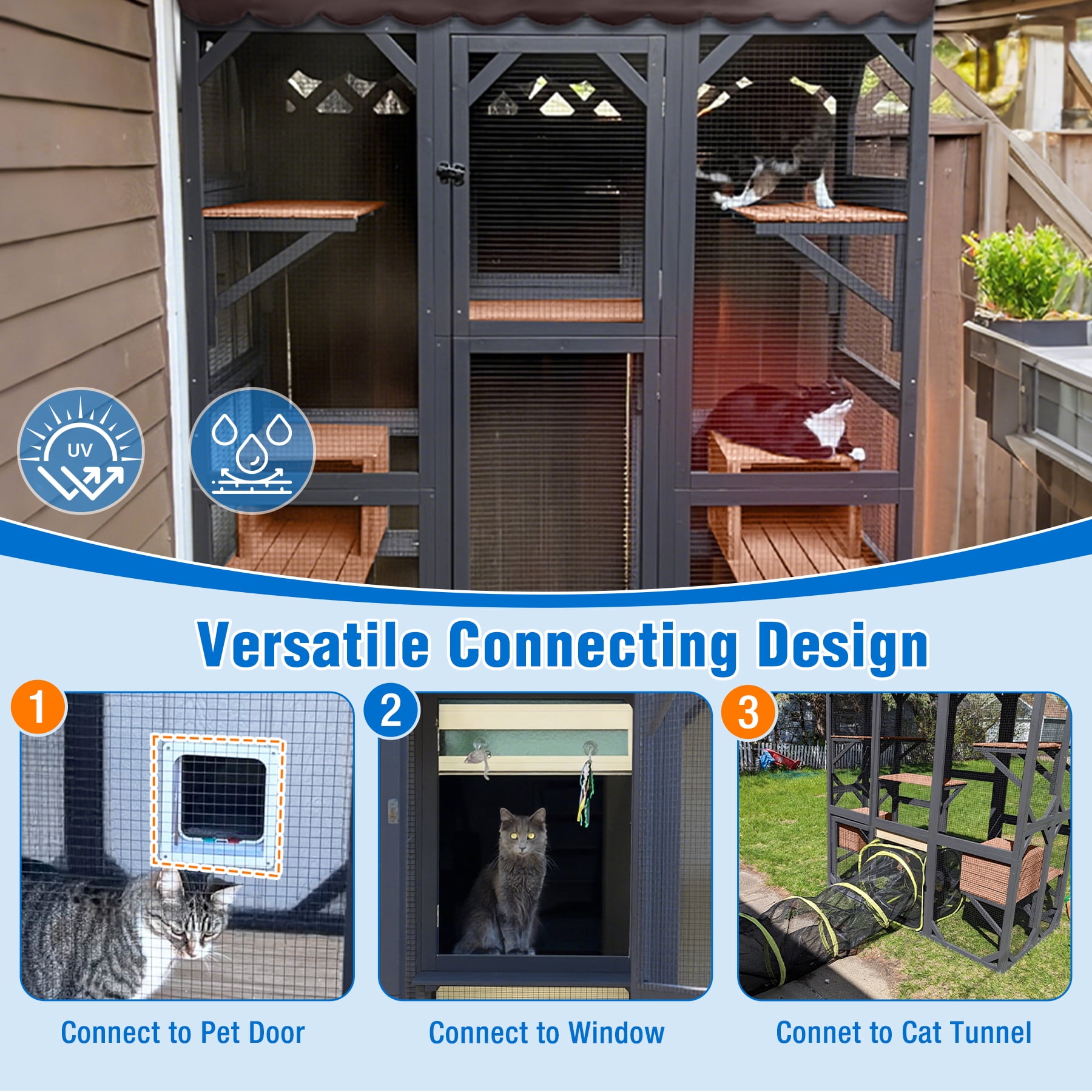 Suumerpety Catio Outdoor Cat Enclosure 70" Large Wooden Cat House with Weatherproof Roof & 7 Platforms & 2 Condons Window Catio for Indoors and Outdoors Black