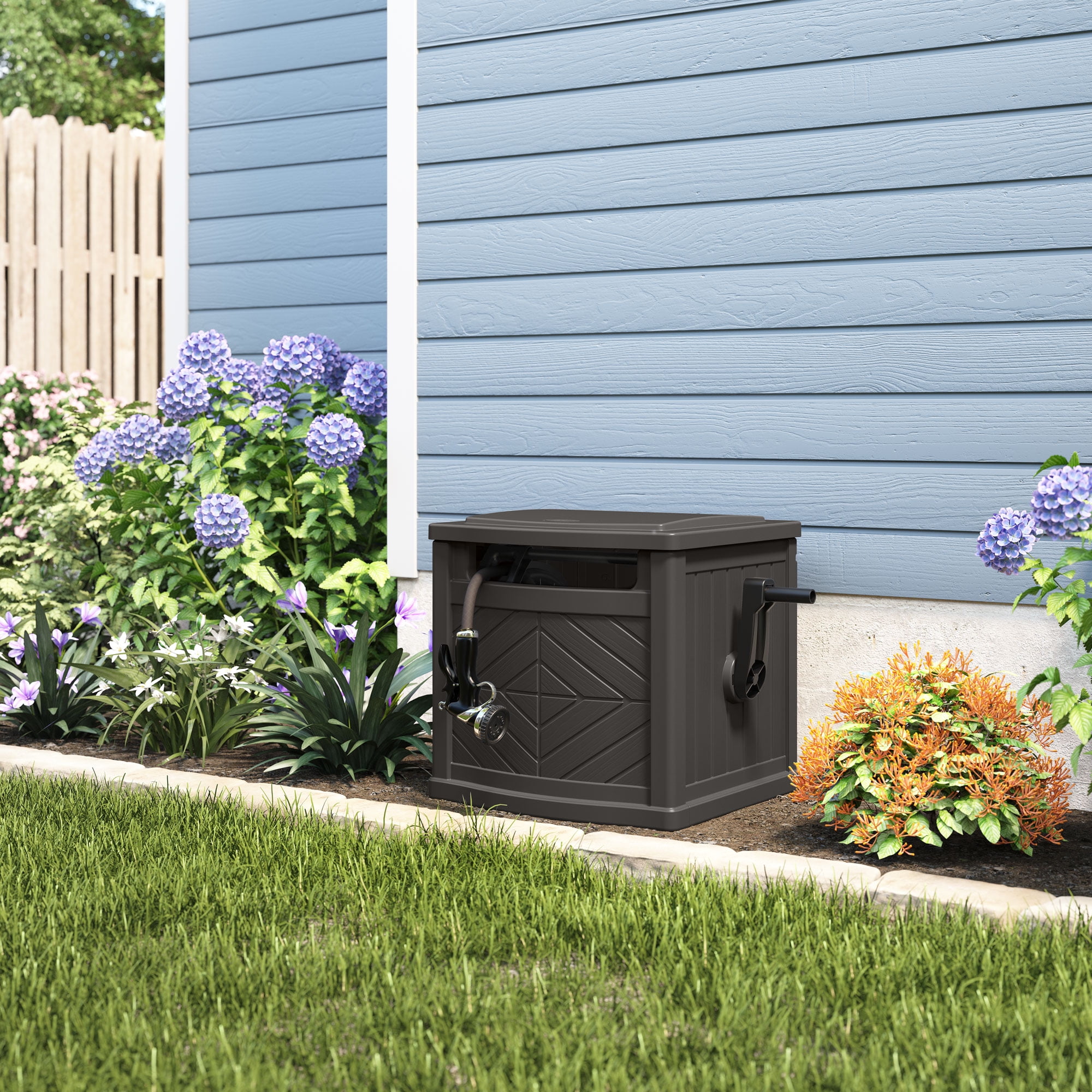 Suncast 150 ft. Slide Trak Hose Hideaway for 5/8" Hoses, Crank Handle for Easy Winding, Weather-Resistant Durable Resin Construction