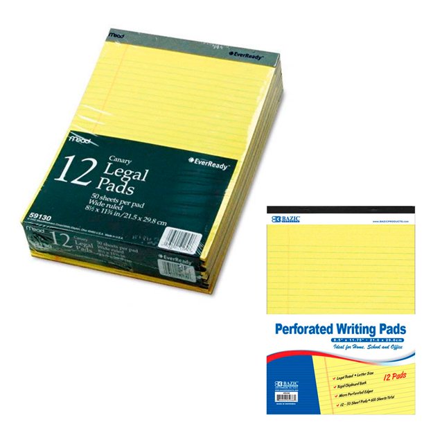 12 Ct Legal Note Pads Wide Ruled Pad Writing 8.5 x 11 Canary Yellow 50
