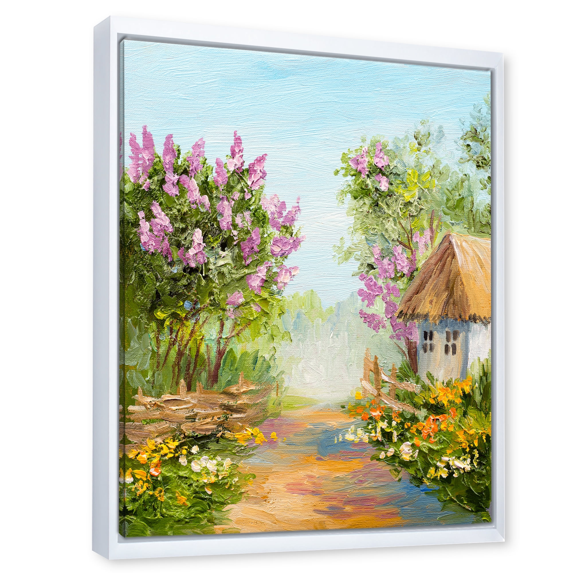 Designart 'Little House In The Blossoming Flowers Forest' Lake House Framed Canvas Wall Art Print
