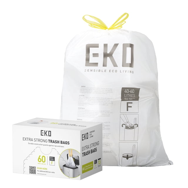 EKO Bolsas de Basura Tamaño F. 40-60 Litros. Rollo 60 unidades. Caja dosificación fácil. Compatible con bote de basura EKO, uso en cocina, doméstico, extrafuertes, con cordón EKO NA