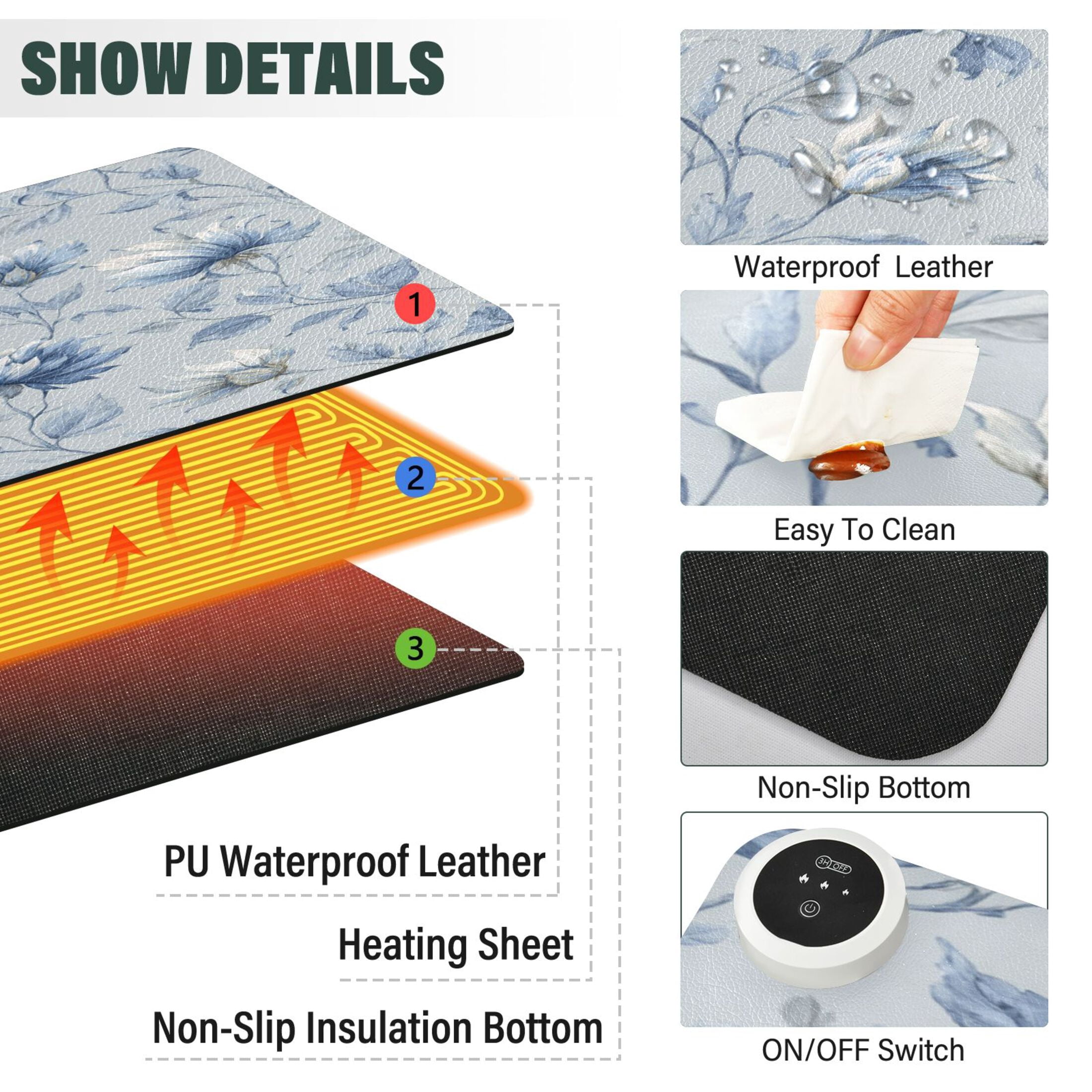 Large Heated Desk Mat Mouse Pad 31.5"x13"PU Leather Graphene Heating Desk Warmer with 3 Temperature Settings 110V US Plug Non-Slip Warm Pad for Home, Office, and Gaming Exquisite Blue Peony Design