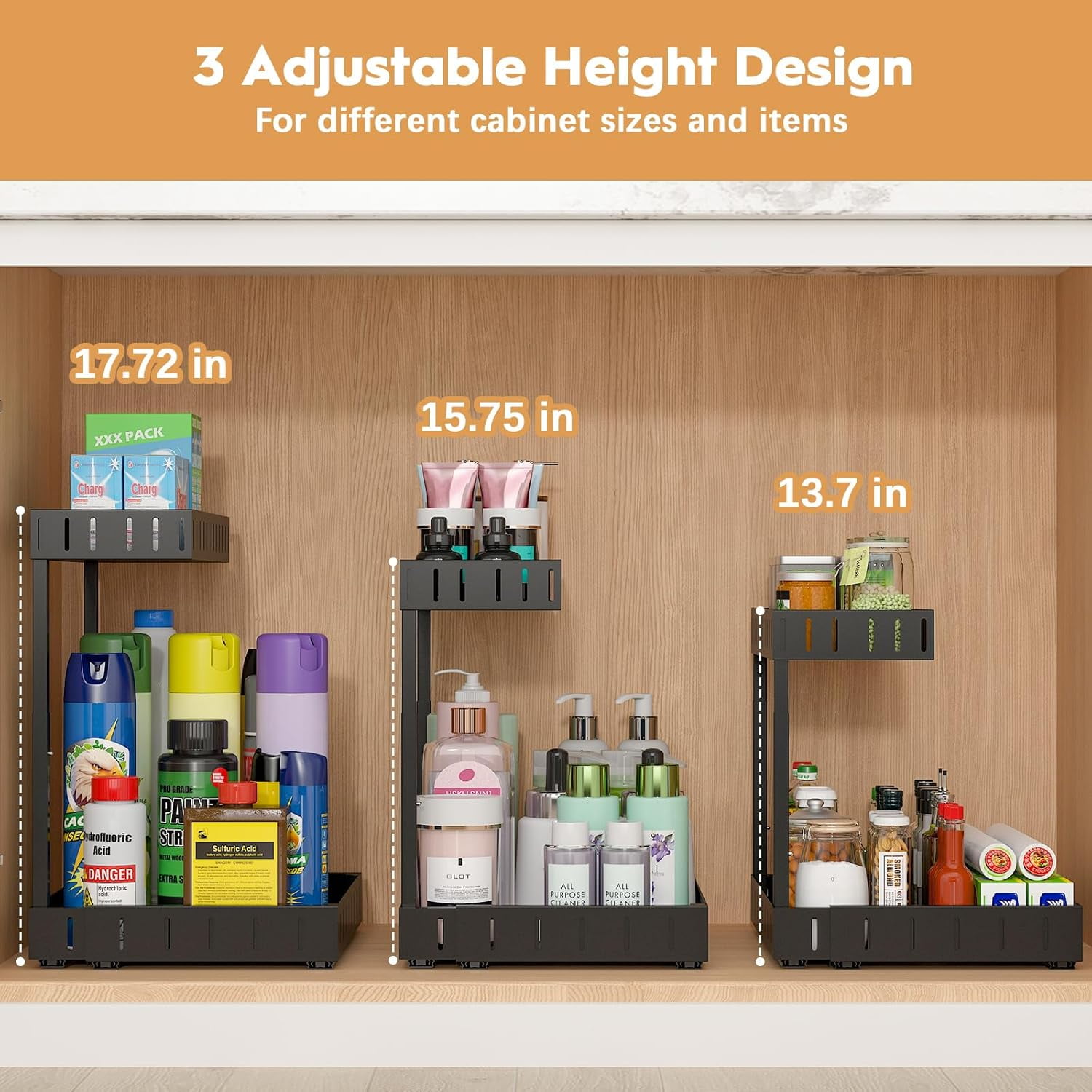 Under Sink Organizer, 2 Tier Expandable Under Cabinet Organizer, Heights Adjustable Pull Out Storage for Kitchen Bathroom Laundry, White, 2 Pack