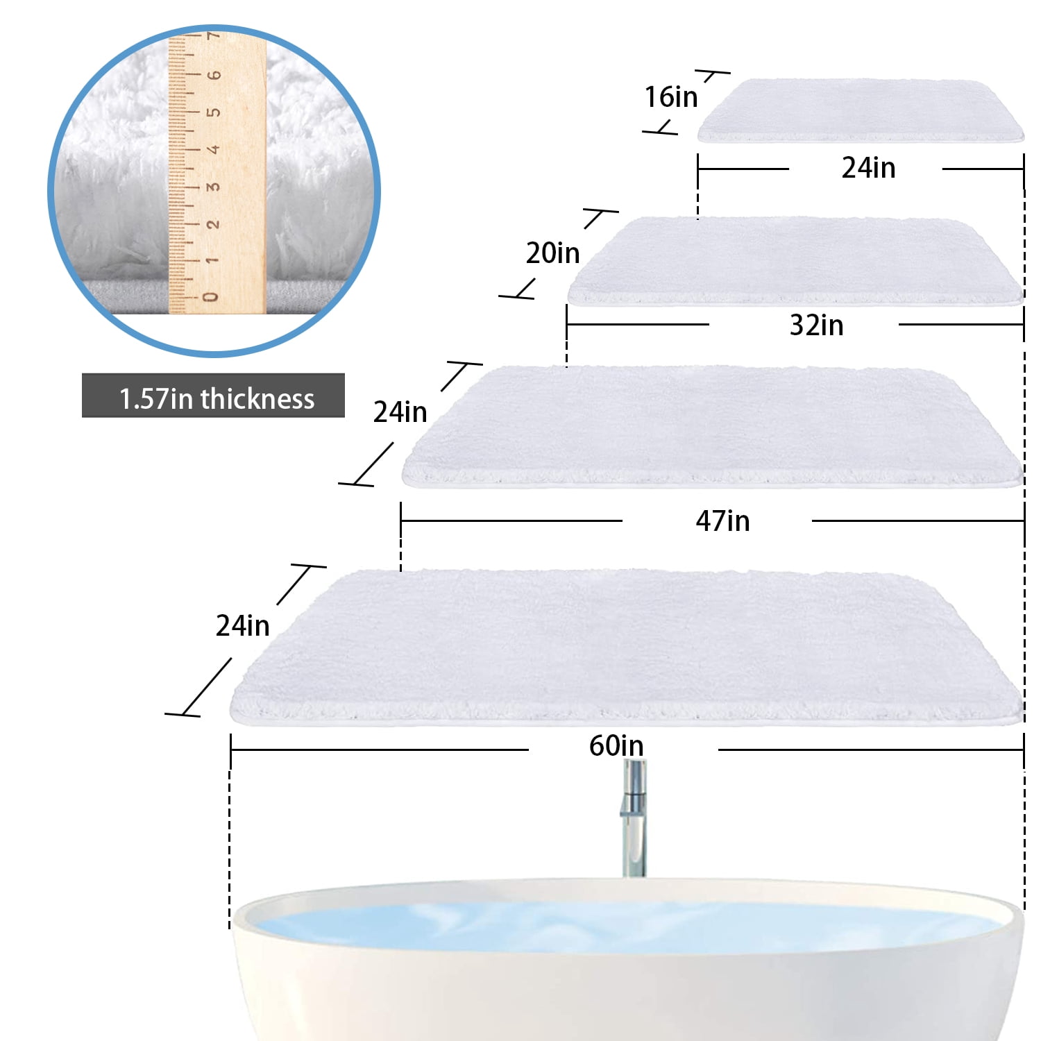 Large White Bathroom Rugs, 24"×47" Absorbent Shaggy Shower Mat, Microfiber Bath Mats for Bathroom, Luxury Bathroom Floor Mats Rubber Back