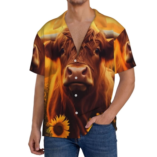 Balery Vintage Sunflower Cow A Camisa Casual de Manga Corta con Botones para Hombre, Texturizada, Estilo Cubano, para Playa, Verano-XX-Large