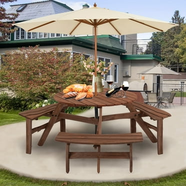 Thanaddo Sturdy AND Durable Picnic Table with 3 Built-in Benches, Brown