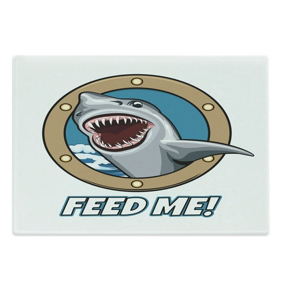 Shark Cutting Board, Funny Vintage Feed Me Words Hungry Hound Mammal Head in Ship Window Humor Print, Decorative Tempered Glass Cutting and Serving Board, Large Size, Multicolor, by Ambesonne