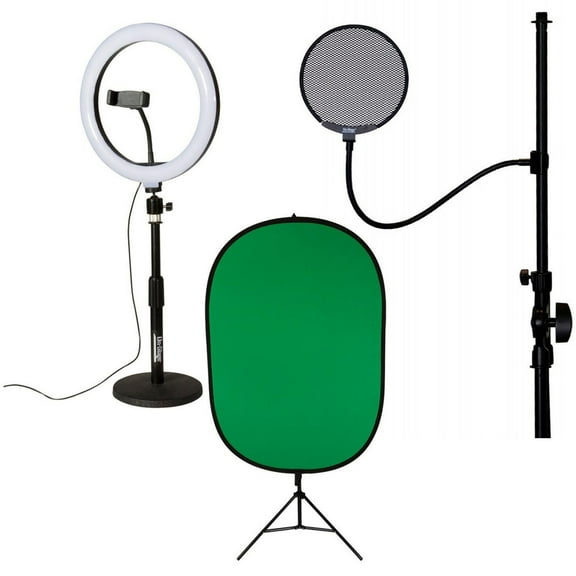 On-Stage VLD360 10" LED Ring Light Kit - With VSM3000 Green Screen Kit with Lighting Stand, ASVSM5-B Metal Pop Blocker  with 13" Flexible Gooseneck
