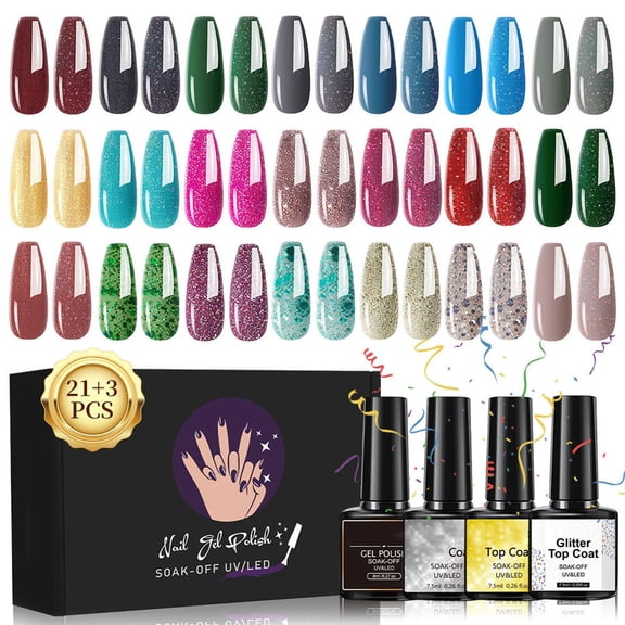 24 Pcs Gel Nail Polish Set, 24 Colors Nail Polish Kit with Base Matte & Glossy Top Coat, Soak Off All Season Gel Nail Kit for Beginner Nail Art Salon DIY, Manicure Kit at Home