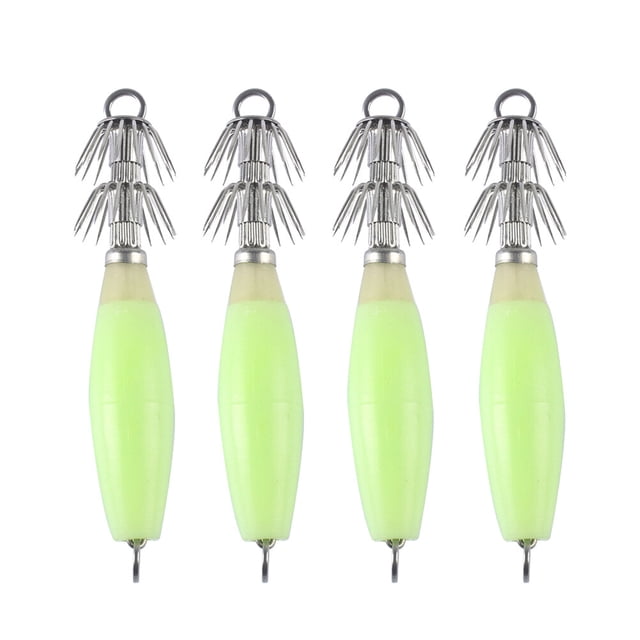 4 señuelos de pesca luminosos que brillan en la oscuridad, cebos, anzuelos de calamar, anzuelos de pesca verde claro, anzuelo, cebo, anzuelo verde