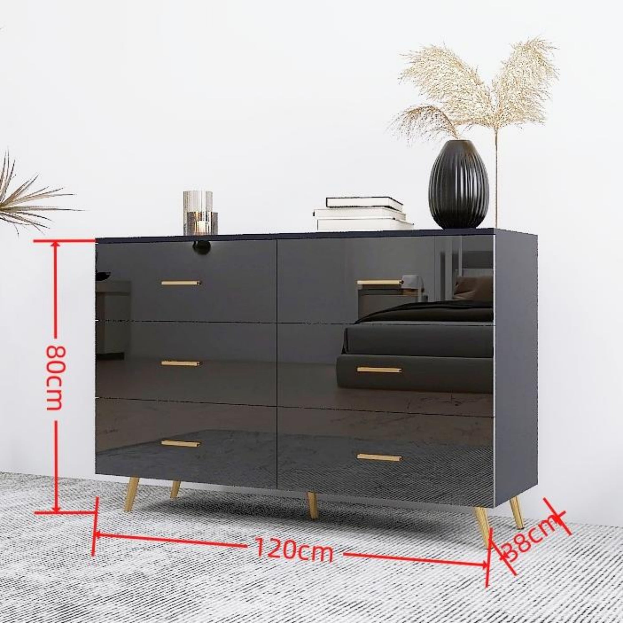 Jopath 6-Drawers Dresser for Bedroom,Modern High Glossy Surface Chest of Drawer with Golden Steel Legs,Wood Storage Organizer for Living Room,Black02