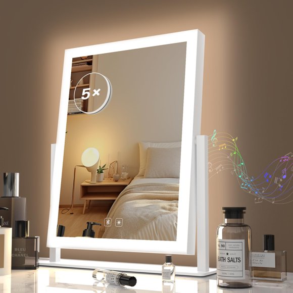 Gvnkvn Lighted Makeup Mirror with Bluetooth, Hollywood Vanity Mirror with Lights, Three Color Lighting Modes, 5X Magnification Mirror, Smart Touch Control, 360°Rotati
