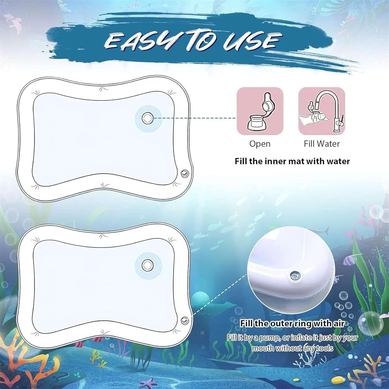 Pet Water Sensory Mat - 2024 New Cat Water Play Mat Indoor Interactive, Baby Tummy Time Water Play Mat, Inflatable Water Squishy Pad Playmat Pool Activity Toy Cat Splash Play Cooling Mat with Fish