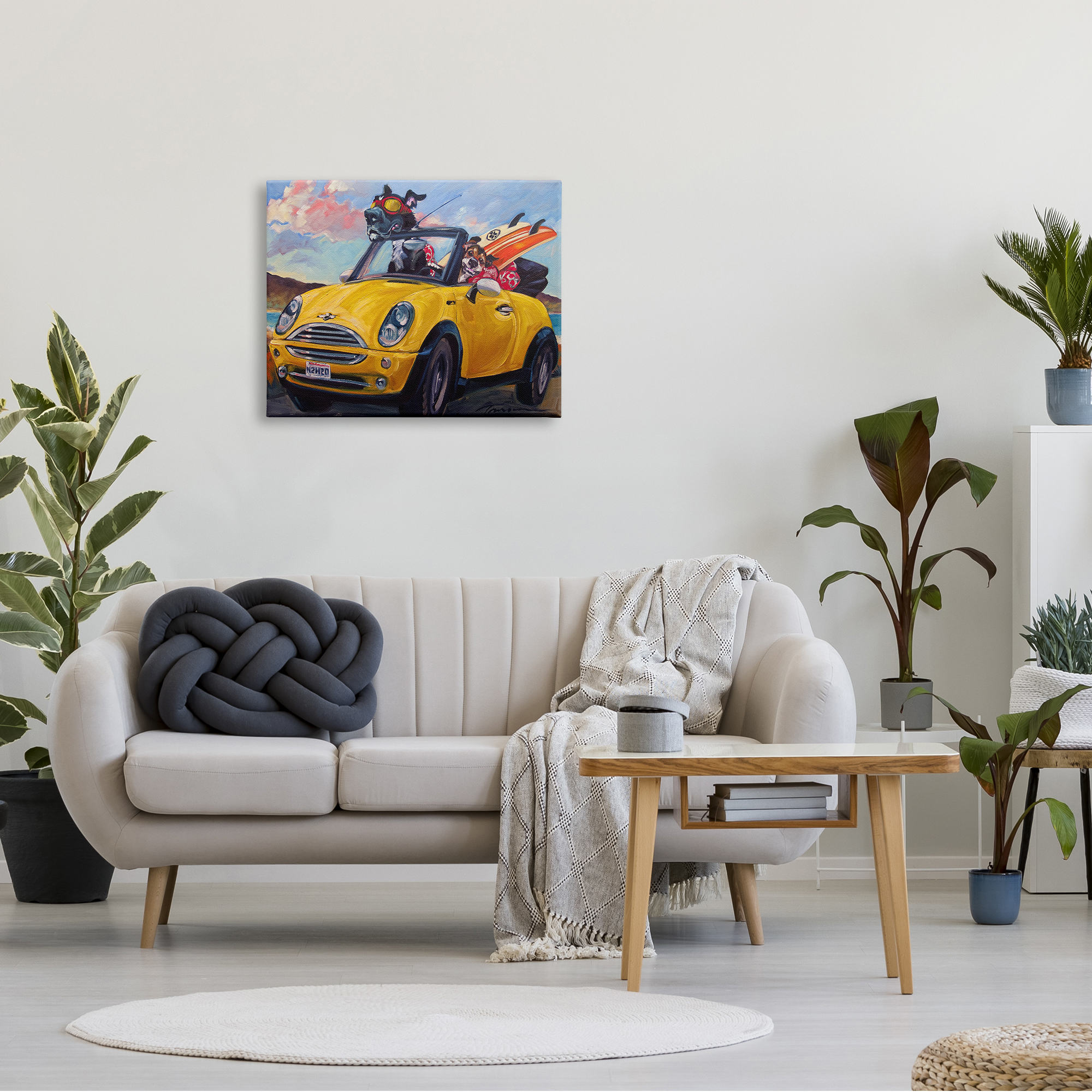 Stupell Industries Pet Dogs Yellow Convertible Surfboard Beach Car, 30 x 24,Design by CR Townsend