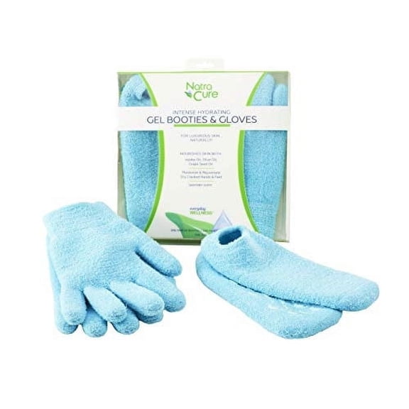 NatraCure Moisturizing Gel Booties & Gloves Set – Hydrating Spa Socks & Hand Gloves for Dry Skin, Cracked Heels & Cuticles – Reusable, Aqua