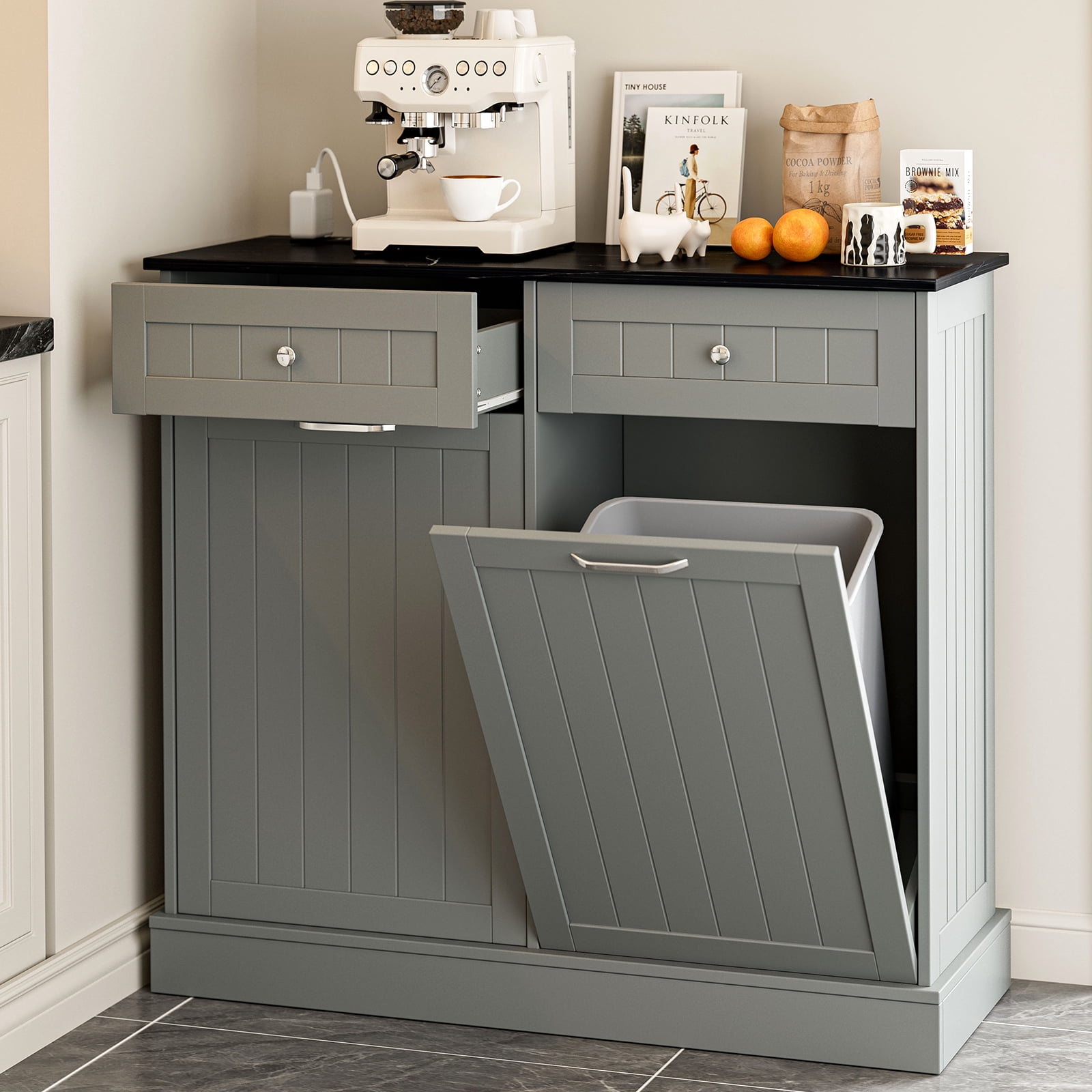 Double Tilt Out Trash Cabinet with Charging Station, Upgrade Wooden Free Standing Trash Cabinet with Outlet, Recycling Cabinet with Hideaway Drawer, 20 Gallon Tilt Out Trash Cabinet(Grey)