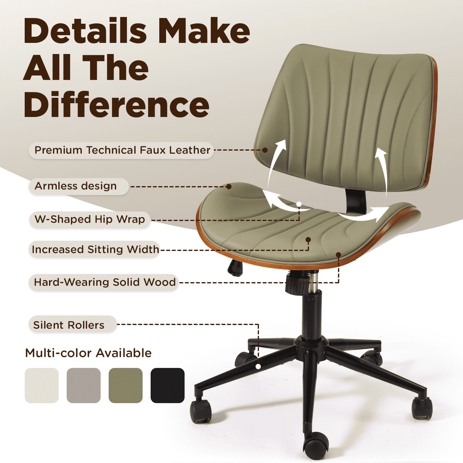 Erinnyees Wooden Office Desk Chair, Modern Armless Chairs, Armless, Adjustable Height, with Swivel Wheels for Small Spaces, Green