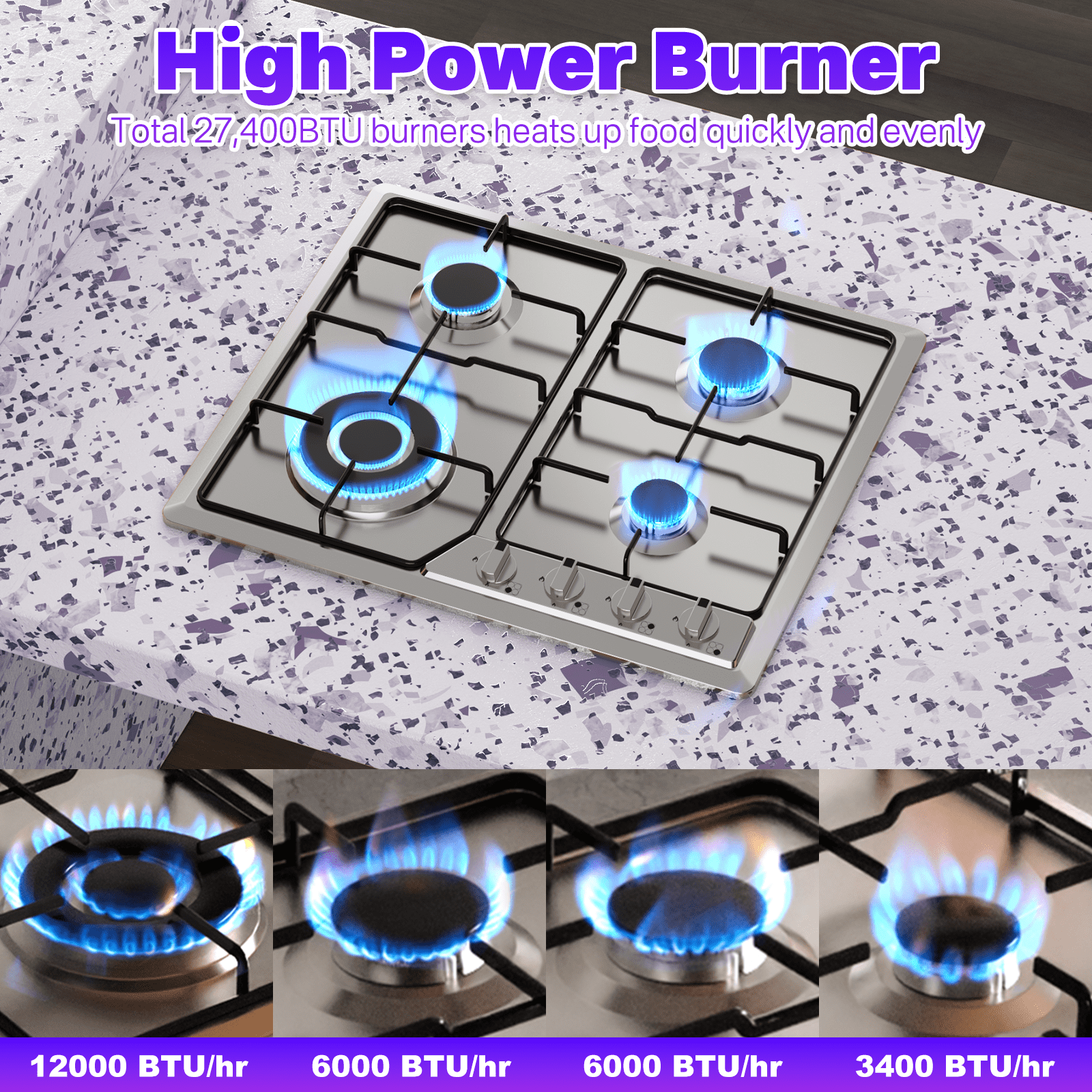 TYEMUI 24in Gas Stove Cooktop, Drop-in 4 Burner NG/LPG Convertible Neutral Gas Propane Cooktop with Thermocouple Protection for Kitchen
