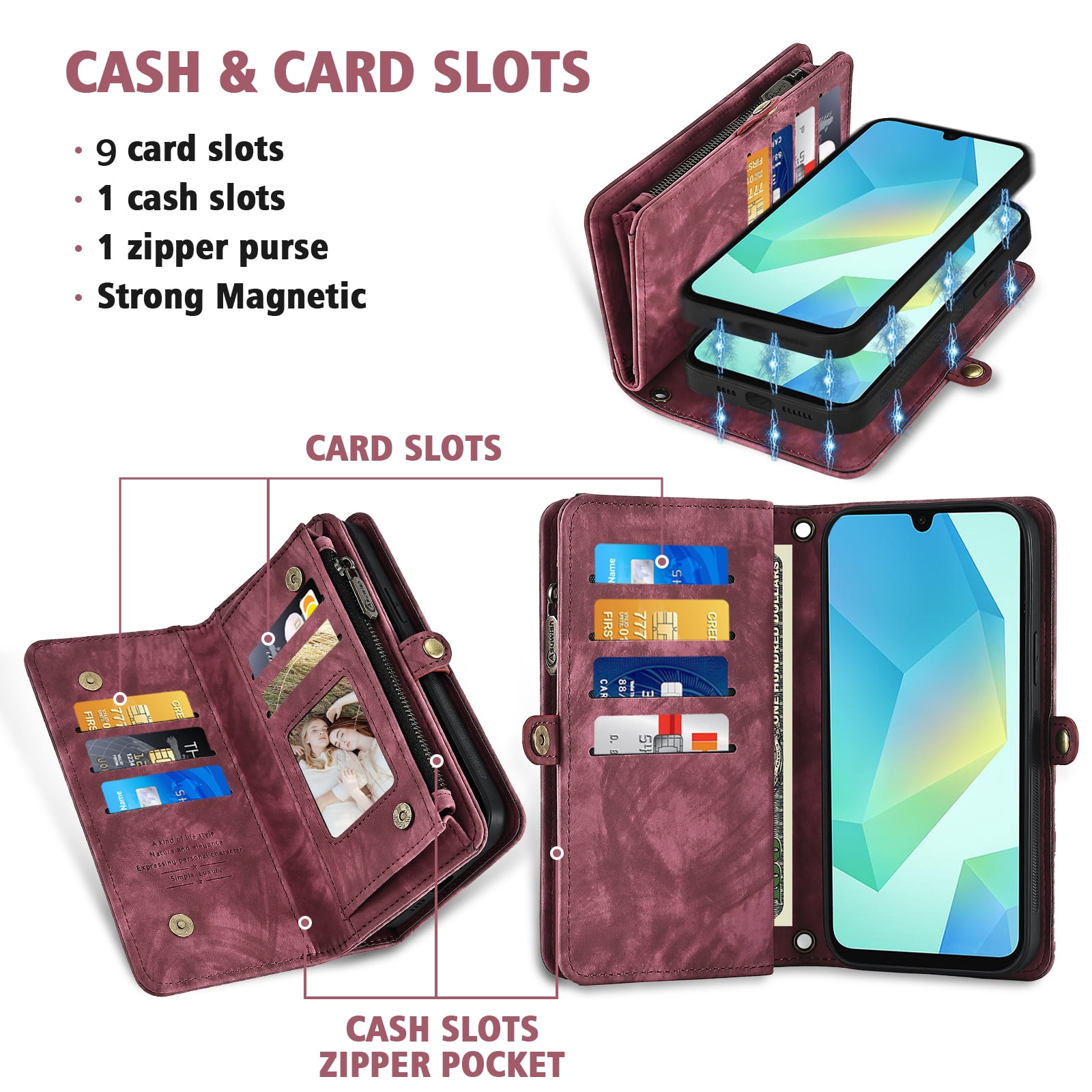 Asuwish Phone Case for Samsung Galaxy A16 5G/4G Zipper Wallet Detachable Cell Cover with Tempered Glass Screen Protector Crossbody Lanyard Strap Flip Card Holder A 16 16A SM-A166U Women Men Girls Red