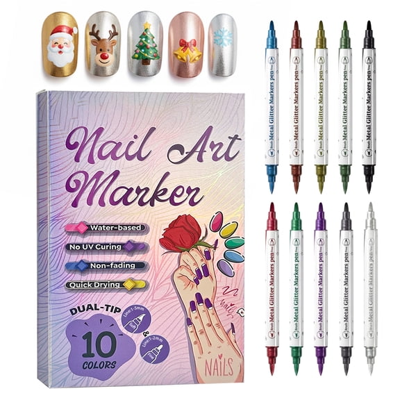 Nail Polish Pens, 10 Colors Dual-Tip Nail Art Pens, Water-Based Nail Art Markers, Quick-Dry No UV Nail Polish Pen for Christmas DIY Gift