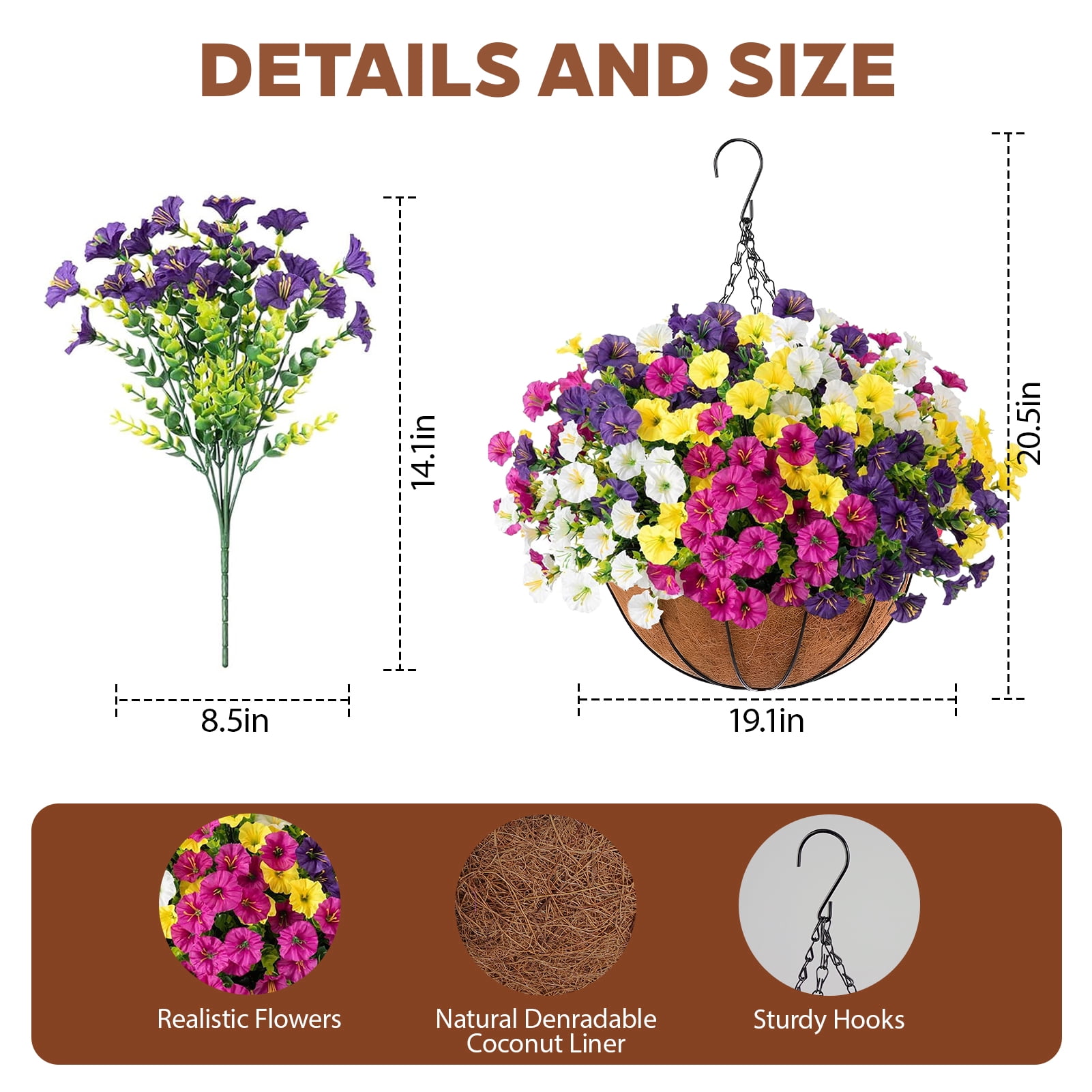 Lumkrypt Artificial Faux Flowers Hanging Basket for Outdoor, 12 Pcs Silk Morning Glory with Eucalyptus,UV & Fade Resistant for Porch Patio Balcony Garden Yard Home Decor