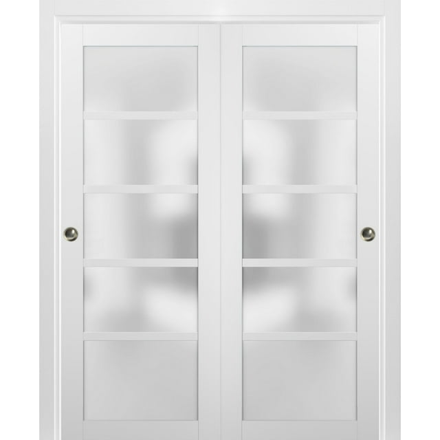 Sliding Closet Bypass Doors 84 x 84 with hardware | Quadro 4002 White Silk with Frosted Opaque Glass | Sturdy Top Mount Rails Moldings Trims Set | Kitchen Lite Wooden Solid Bedroom Wardrobe Doors
