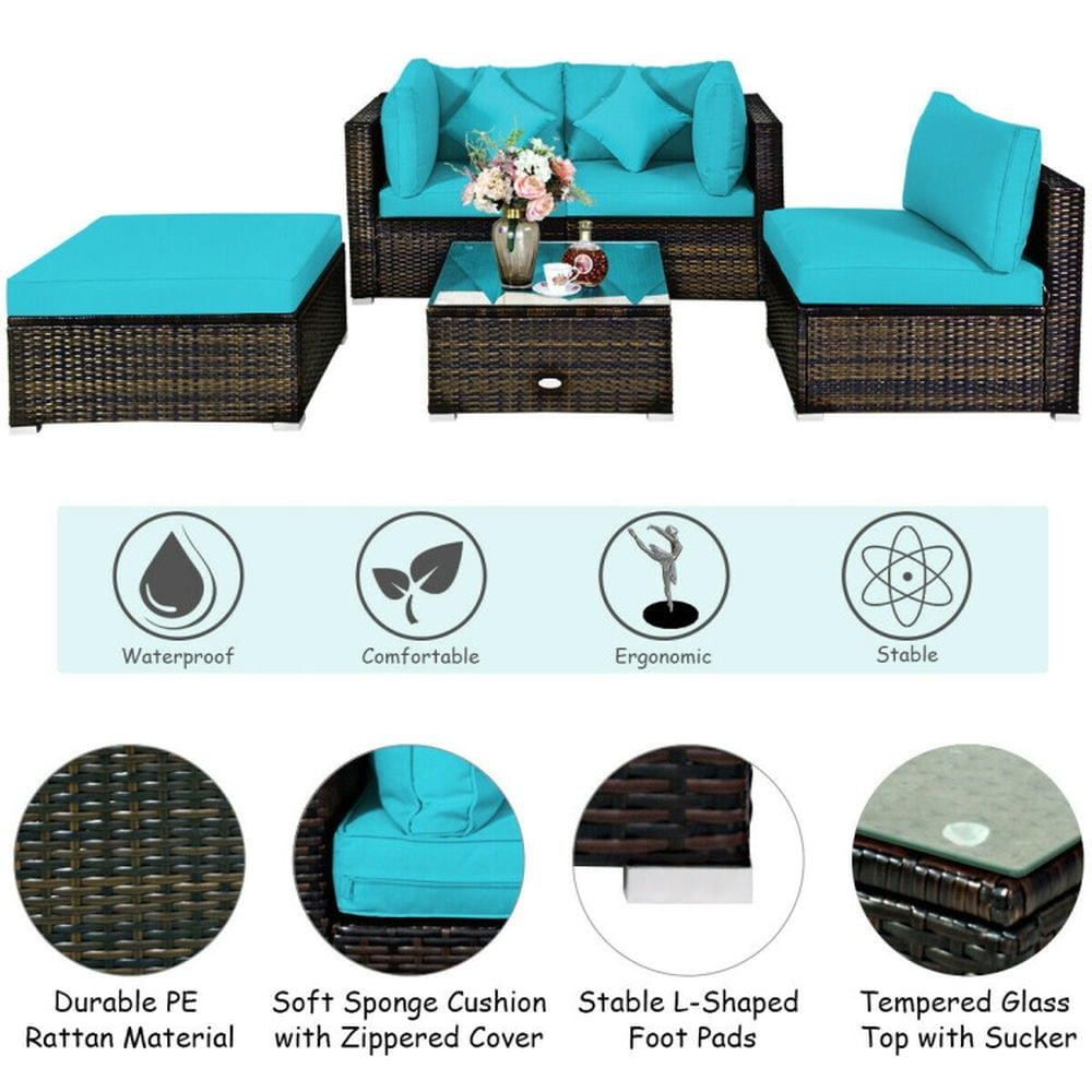 Topcobe 5 Pcs Outdoor Patio Rattan Furniture Set Sectional Conversation with Navy Cushions, Outdoor Patio Furniture for Garden Backyard-Turquoise