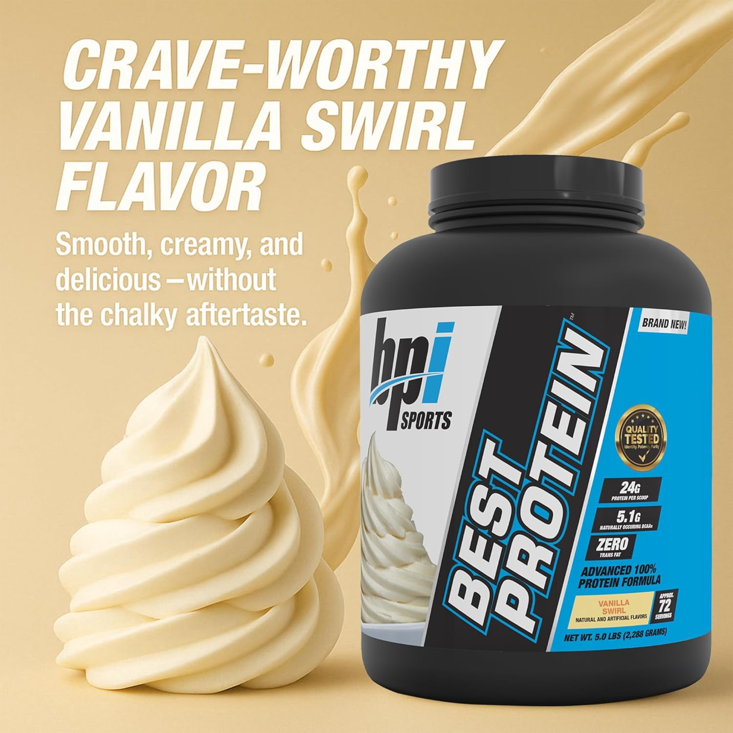 BPI Sports Best Protein Powder, 100% Whey Blend for Muscle Growth & Recovery, Vanilla Swirl, 5 lbs (72 Servings)