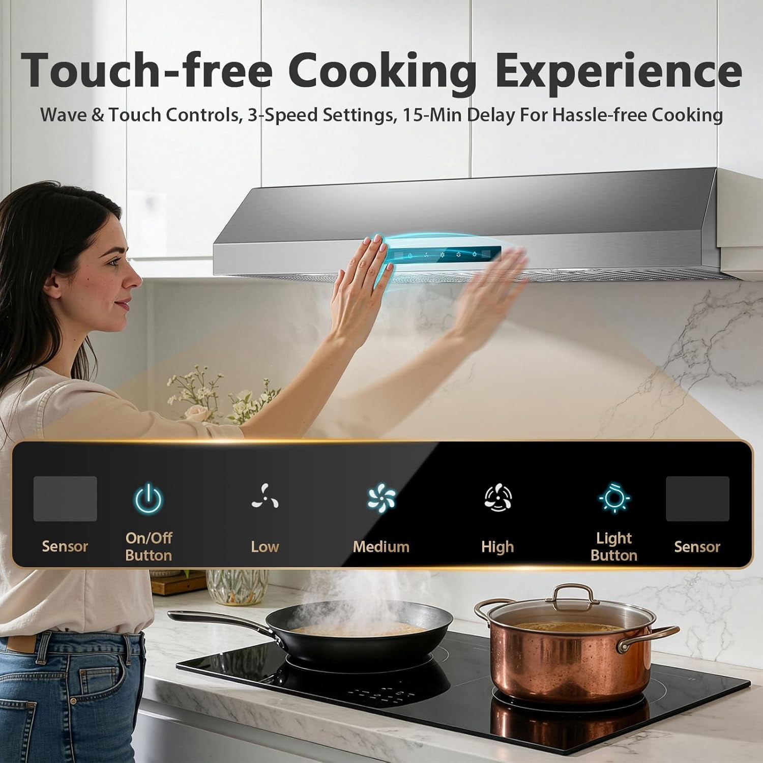 Range Hood 30 inch Under Cabinet, 800 CFM Stainless Steel Range Hood with Gesture and Touch Control, kitchen hood with Carbon Filter, 3 Fan Speed, Ducted/Ductless Convertible