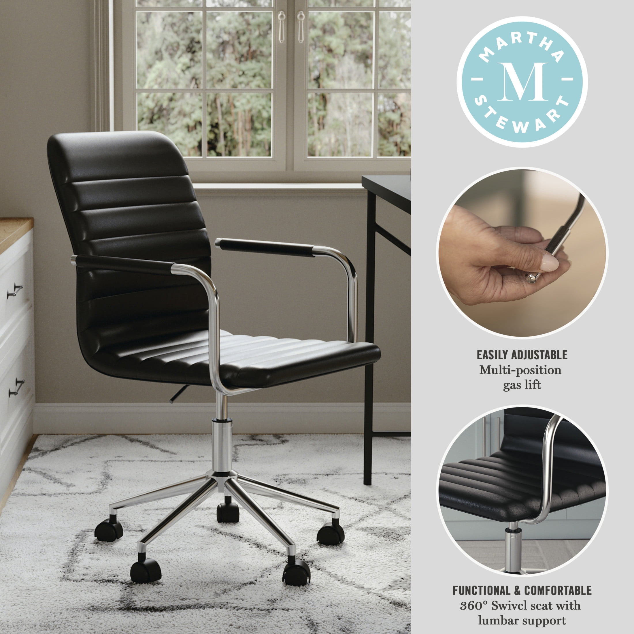 Martha Stewart Taytum Upholstered Office Chair in Black/Polished Nickel